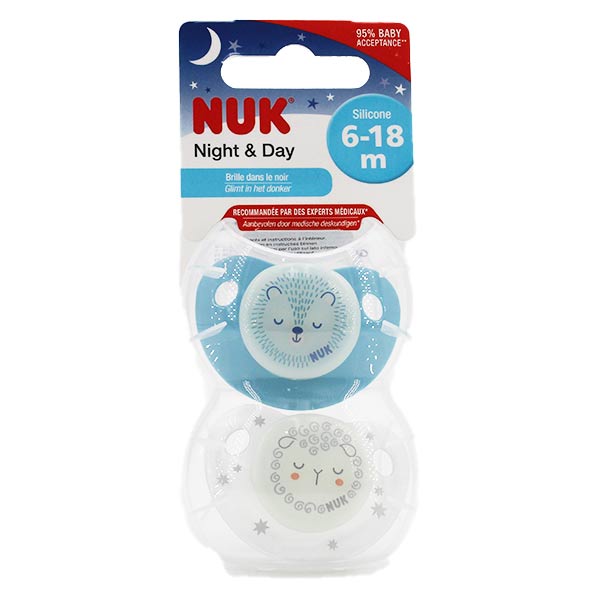 Nuk Sucette Silicone Phosphorescente Night & Day +6m Hérisson Mouton Lot de 2